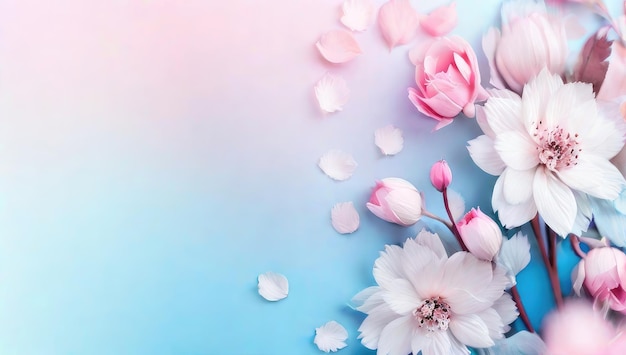 Frühlingsrosa Blüten und Blütenblätter auf pastellblauem Hintergrund mit Kopierraum Valentinstag 8. März