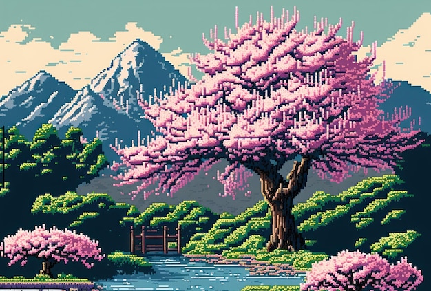 Frühlingssaison-Kirschblütenbaum mit schönem Landschaftshintergrund-Pixelkunststil