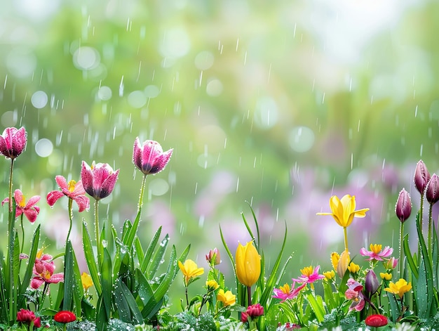 Foto frühlingsschauer eine lebendige ausstellung von tulpen und verschiedenen frühlingsblumen, die einen sanften regen ertragen, der mit regentropfen glänzt, inmitten eines frischen grünes, eines frischen, dauerhaften, sanften, vielfältigen, farbenfrohen blumen.