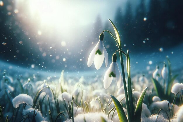 Frühlingsschneeblumen im Schnee Erste Blüten Blumenhintergrund Hintergrundbeleuchtung Bokeh