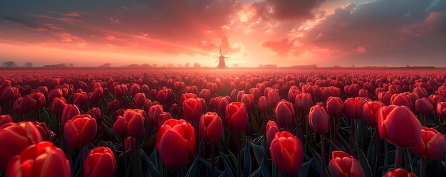 Frühlingsschönheit Eine alte Windmühle inmitten von ausgedehnten Tulpenfeldern Konzept Frühlingsfotografie Tulpenfelder Windmähle Hintergrund Altmodischer Charme Szenische Schönheit