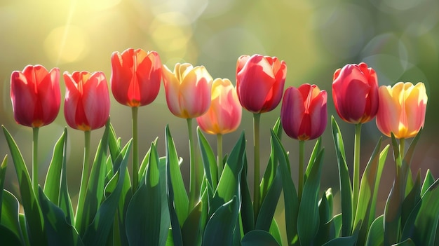 Frühlingsschönheit in einem Garten, gefasst in einer Reihe von blühenden roten und gelben Tulpen