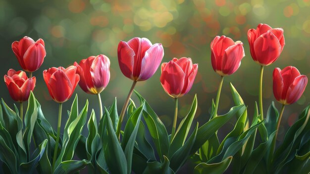 Frühlingsschönheit in einem Garten, geprägt in einer Reihe blühender roter Tulpen