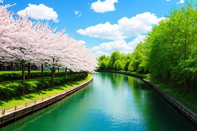 Frühlingssommerlandschaft, blauer Himmel, Wolken, Flussboot, grüne Bäume