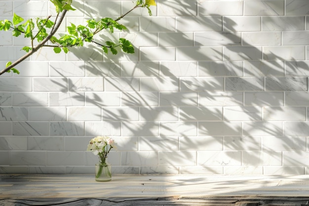 Frühlingssonnenlicht auf einem grünen Zweig mit Schatten an einer Marmormauer