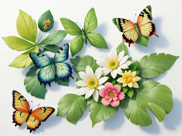 Frühlingssortiment von Blättern, Blumen und Schmetterlingen mit weißem Hintergrund