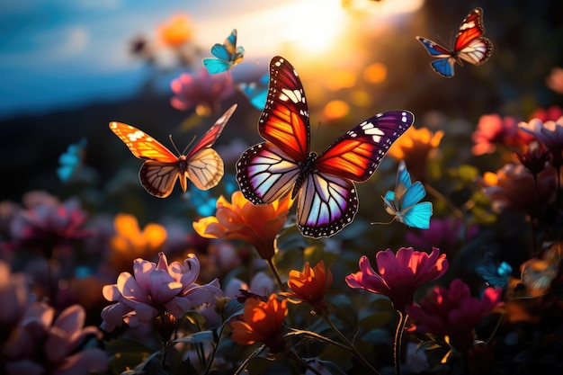 Frühlingsszenario blumige Bäche Schmetterlinge und Berge generative IA