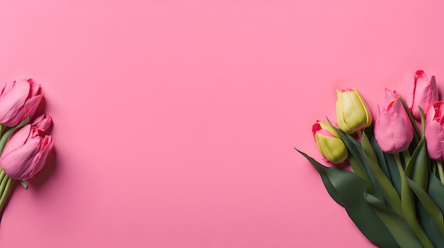 Frühlingstulpenblumen auf rosa Hintergrund, Draufsicht