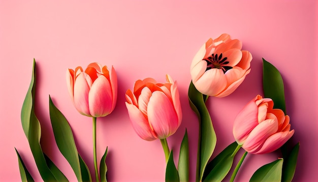 Frühlingstulpenblumen auf rosafarbenem Hintergrund, Draufsicht im flachen Laienstil Gruß für Frauen- oder Muttertag oder Frühlingsverkaufsbanner Generative Ai