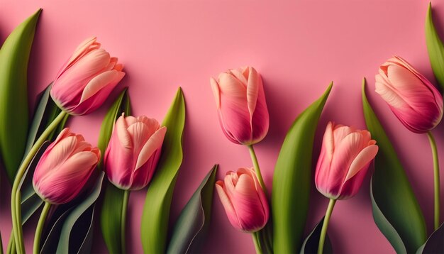 Frühlingstulpenblumen auf rosafarbenem Hintergrund, Draufsicht im flachen Laienstil