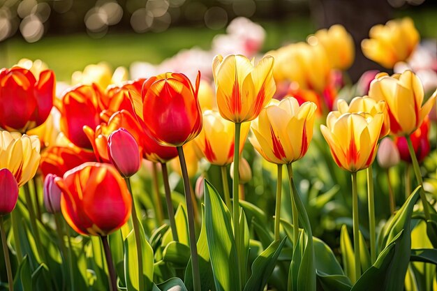 Frühlingstulpengarten mit Nahaufnahme blühender Tulpen und grünem Laub