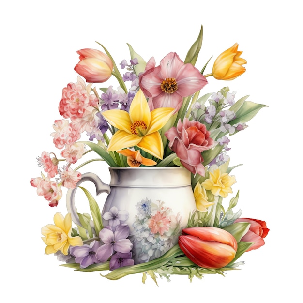 Frühlingsvase mit schönen Blumen Aquarell Illustration Frühling Clipart