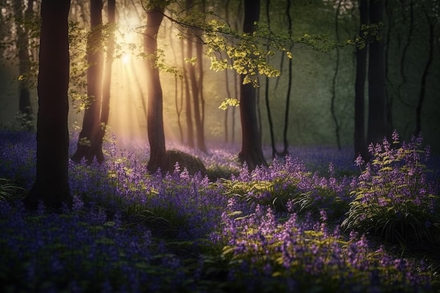Frühlingswetter im Wald mit Blumen und Sonnenstrahlen durch die BäumeDie Schönheit der Natur Generative KI
