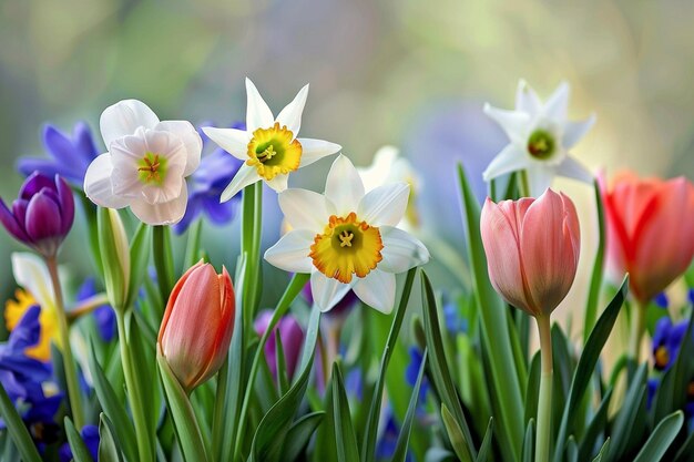 Foto frühlingswillkommen-hintergrund mit bunten blumen