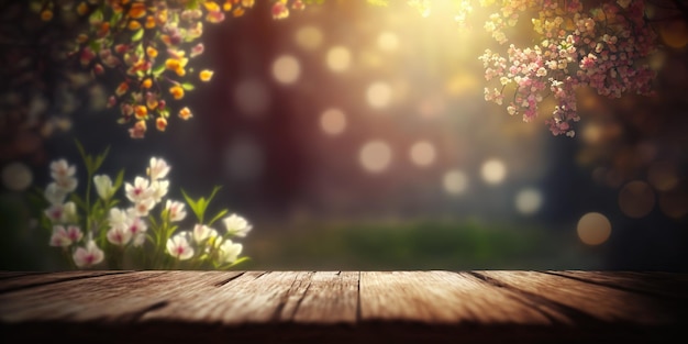 Frühlingszeit blüht auf Holztisch im Garten auf dem Berg mit Bokeh-Lichtern und Flare-Effekt