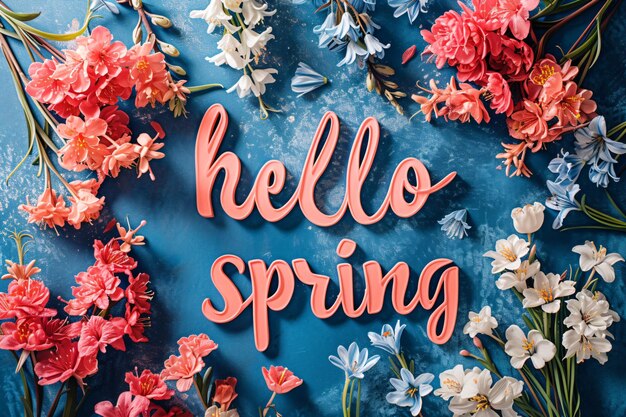 Frühlingszeit mit Blättern und bunten Blüten Hallo Frühling 1. März Konzept