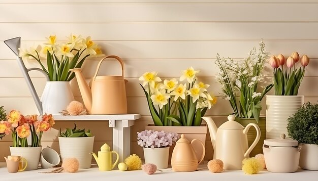 Frühlingszusammensetzung für den Gartenbau aus Zimmerpflanzen mit blühendem Fluss