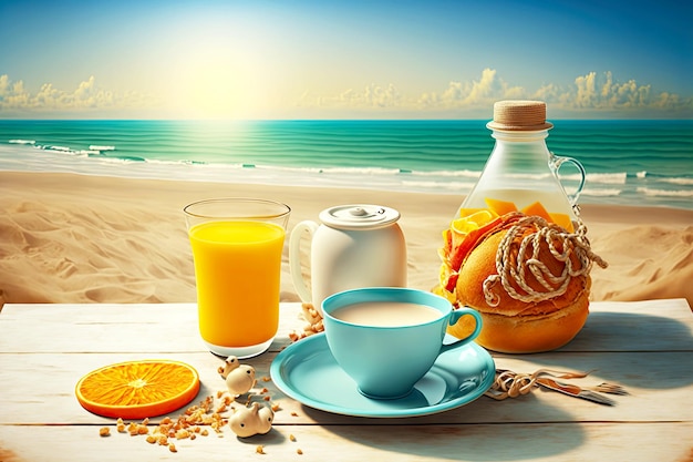 Frühstück an der Küste mit Müsli, einer Tasse Kaffee und Orangensaft, serviert am Strand