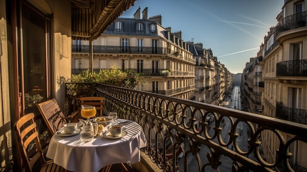 Foto frühstück auf dem balkon am morgen im pariser terrassenhotel