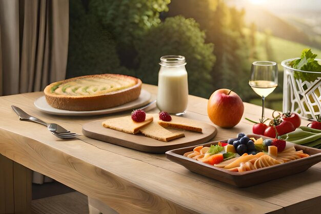 Frühstück auf dem Tisch mit einem Glas Milch und Obst