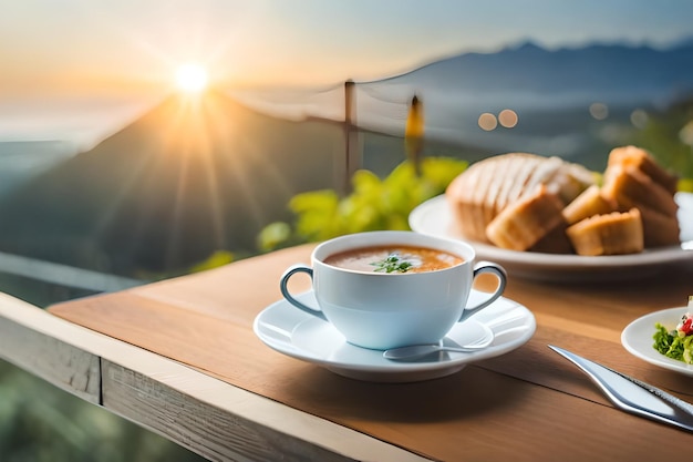 Foto frühstück auf der terrasse mit blick auf den sonnenuntergang