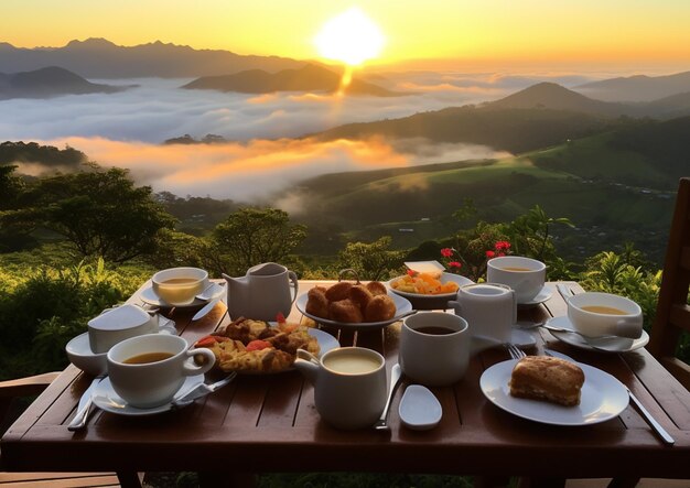 Frühstück auf der Terrasse mit Blick auf den Sonnenuntergang