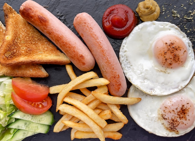 Frühstück auf dunklem Brett mit Salat, Eiern, Würstchen, Pommes Frites und Toast