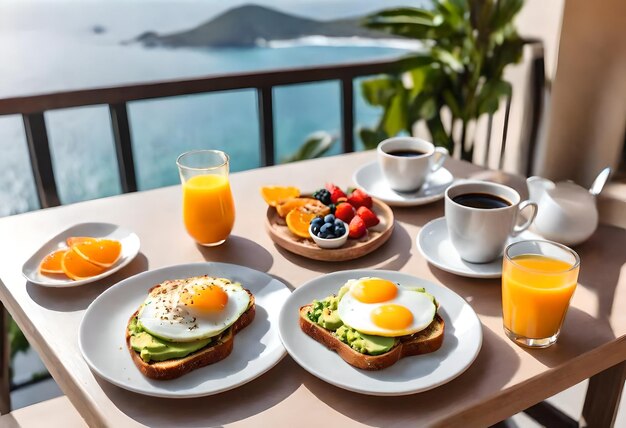 Frühstück auf einem Balkon mit Blick auf den Ozean und den Ozean