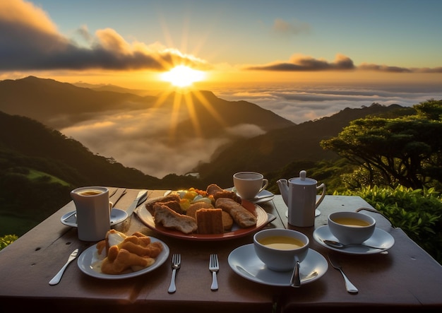 Frühstück auf einem Berggipfel mit Blick auf das Meer.