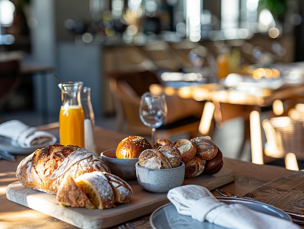 Frühstück auf einem Holztisch mit Brot und Orangensaft