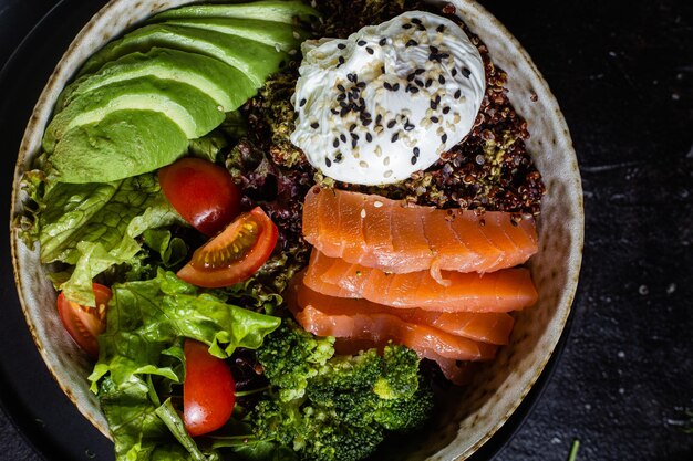 Foto frühstück auf einem teller eier mit avocado und salat