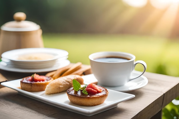 Frühstück auf einem Tisch mit einer Tasse Kaffee und Gebäck