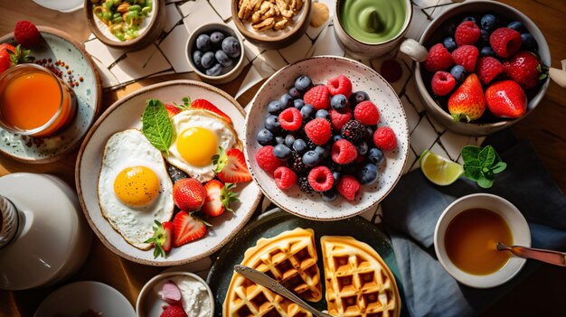 Foto frühstück auf einem tisch über waffeln