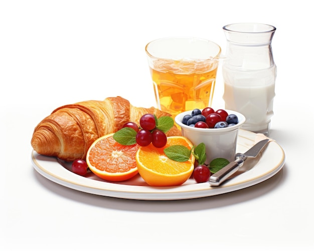 Foto frühstück für studenten mit croissants, orangensaft und beeren generative ki