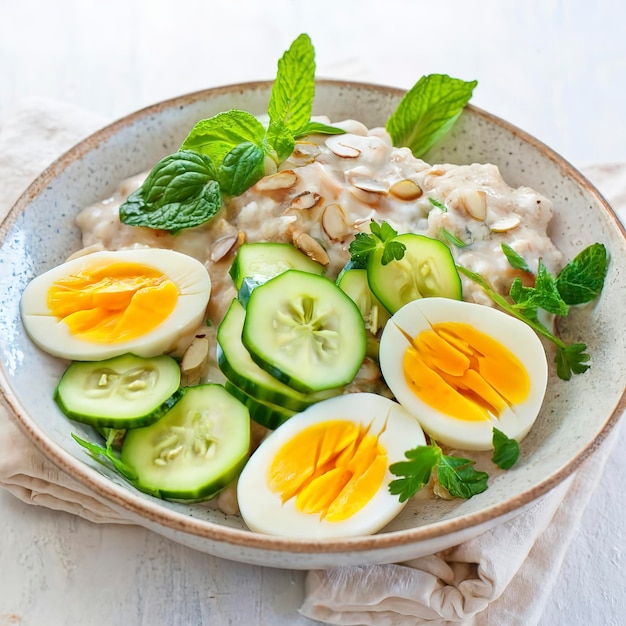 Frühstück Haferbrei mit gekochten Eiern Gurke und grünen Kräutern