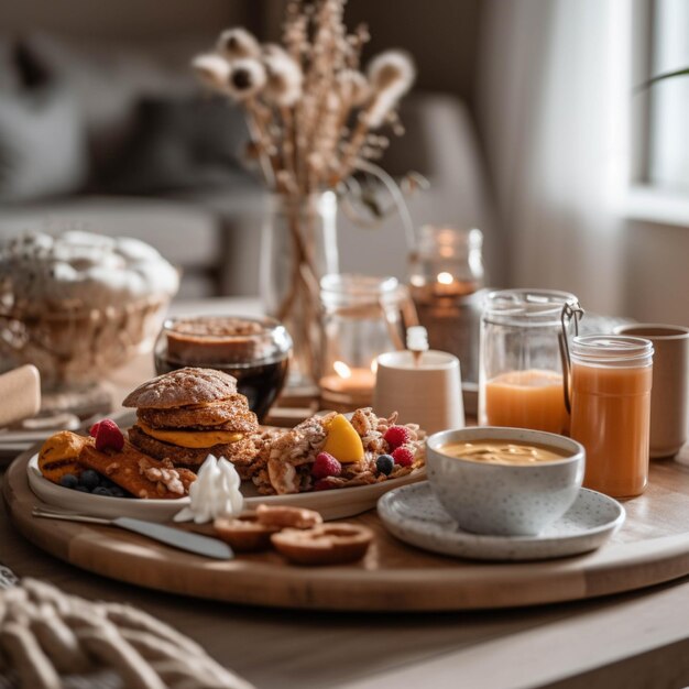 Frühstück im Bett mit Haferkuchen und Kaffee selektiver Konzentration