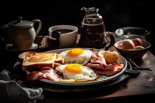 Frühstück im Bett mit Kaffee, Spiegeleiern, frischem Saft und Schinken auf dem Tisch