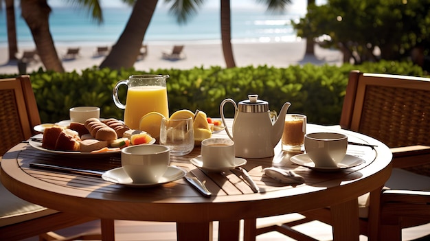 Foto frühstück im morgengrauen am meeresstrand verschwommener hintergrund ai generativ