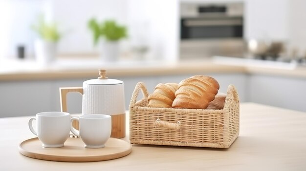 Foto frühstück in der küche, croissants und kaffee auf dem tisch.