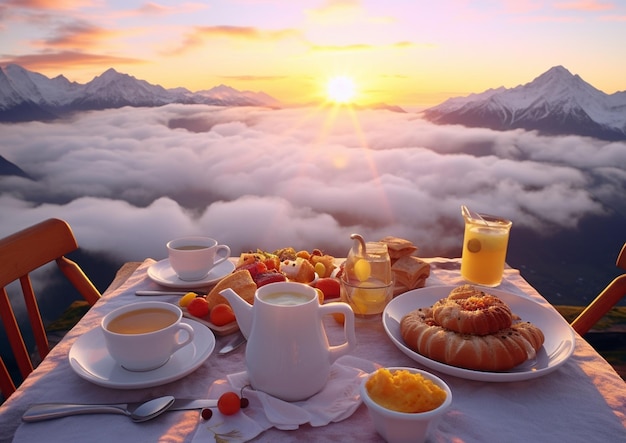 Frühstück mit Blick auf Berge und Wolken.