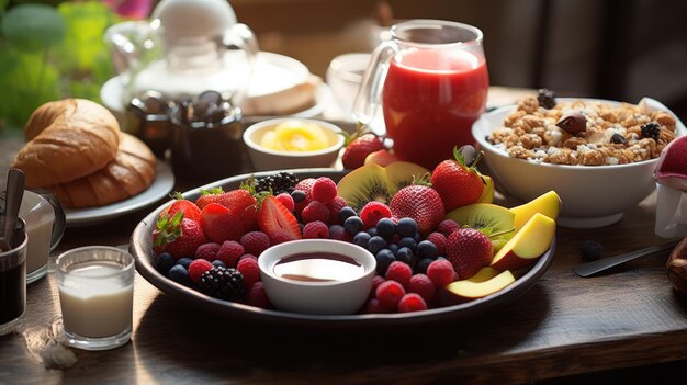 Foto frühstück mit croissanten, verschiedenen beeren, getreide, frischen früchten, milch und einer vielzahl anderer gesunder optionen auf einem holztisch, der im sonnenlicht gebadet wird