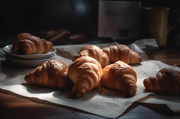 Frühstück mit Croissants auf rustikalem Holztisch