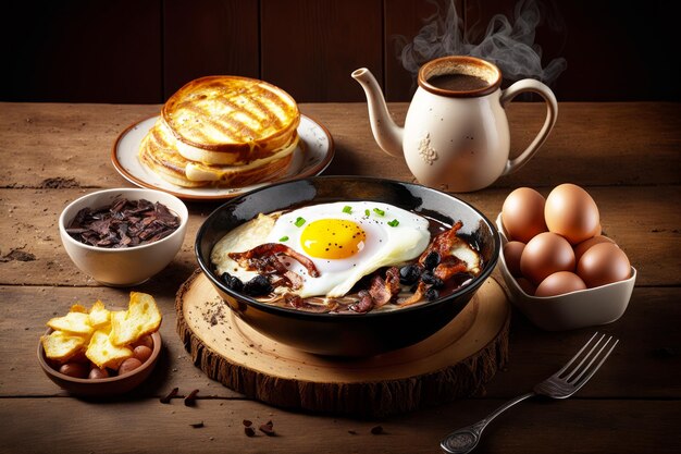 Frühstück mit Eiern Speck und Toast auf Holztisch Generative AI