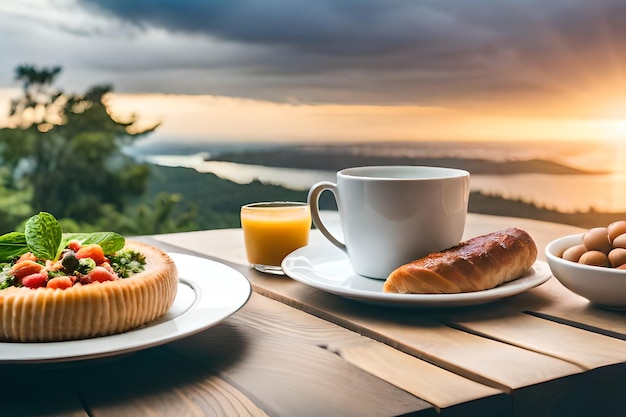 Frühstück mit einer Tasse Kaffee und Brot auf einem Tisch.