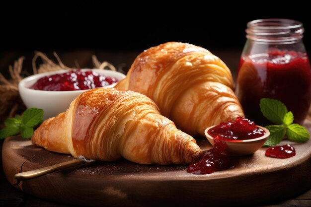 Frühstück mit frischen Croissants und Marmelade