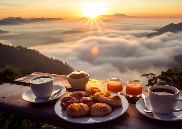 Frühstück mit Frühstück und Kaffee auf dem Tisch