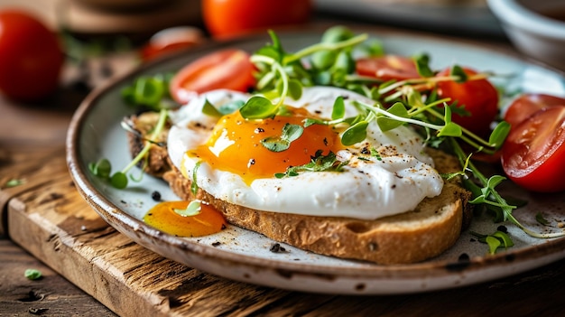 Frühstück mit gebackenem Ei, Toast, selektiver Fokus, generative KI.