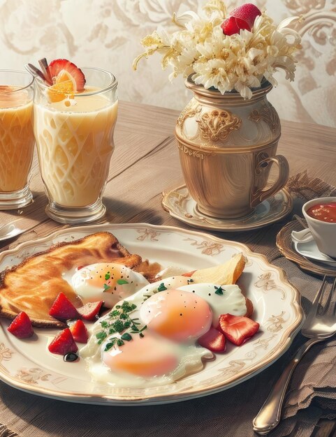 Frühstück mit gebratenen Eiern, Pfannkuchen, Kaffee und Erdbeeren auf einem Holztisch