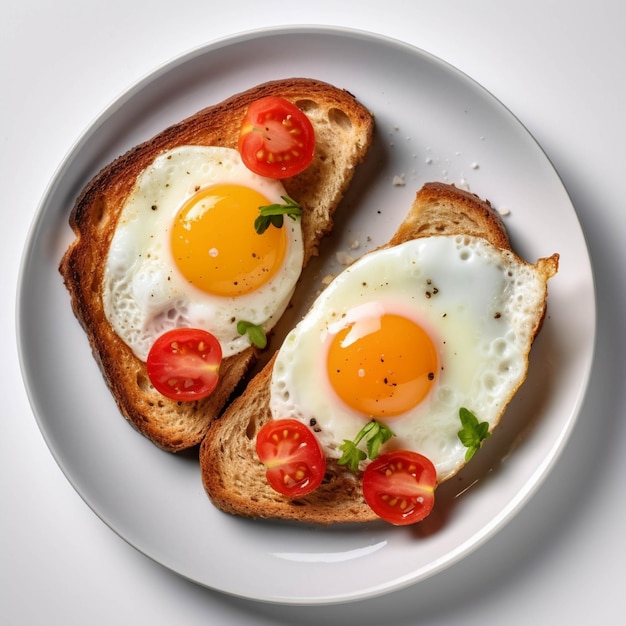 Frühstück mit gebratenen Eiern, Tomaten und Brot auf einem Teller