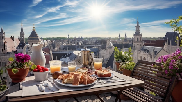 Frühstück mit Kaffee und Brot vor der Kulisse einer europäischen Stadt